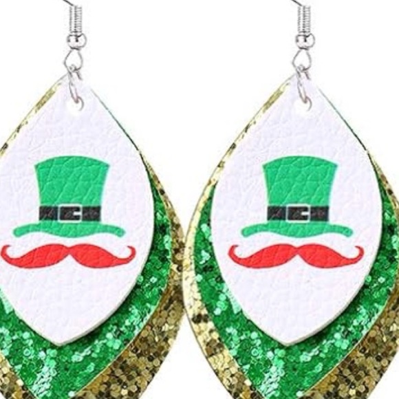 St. Patrick’s Day Hat & Mustache on Green Glitter Layered Faux Leather Earrings - Picture 4 of 6